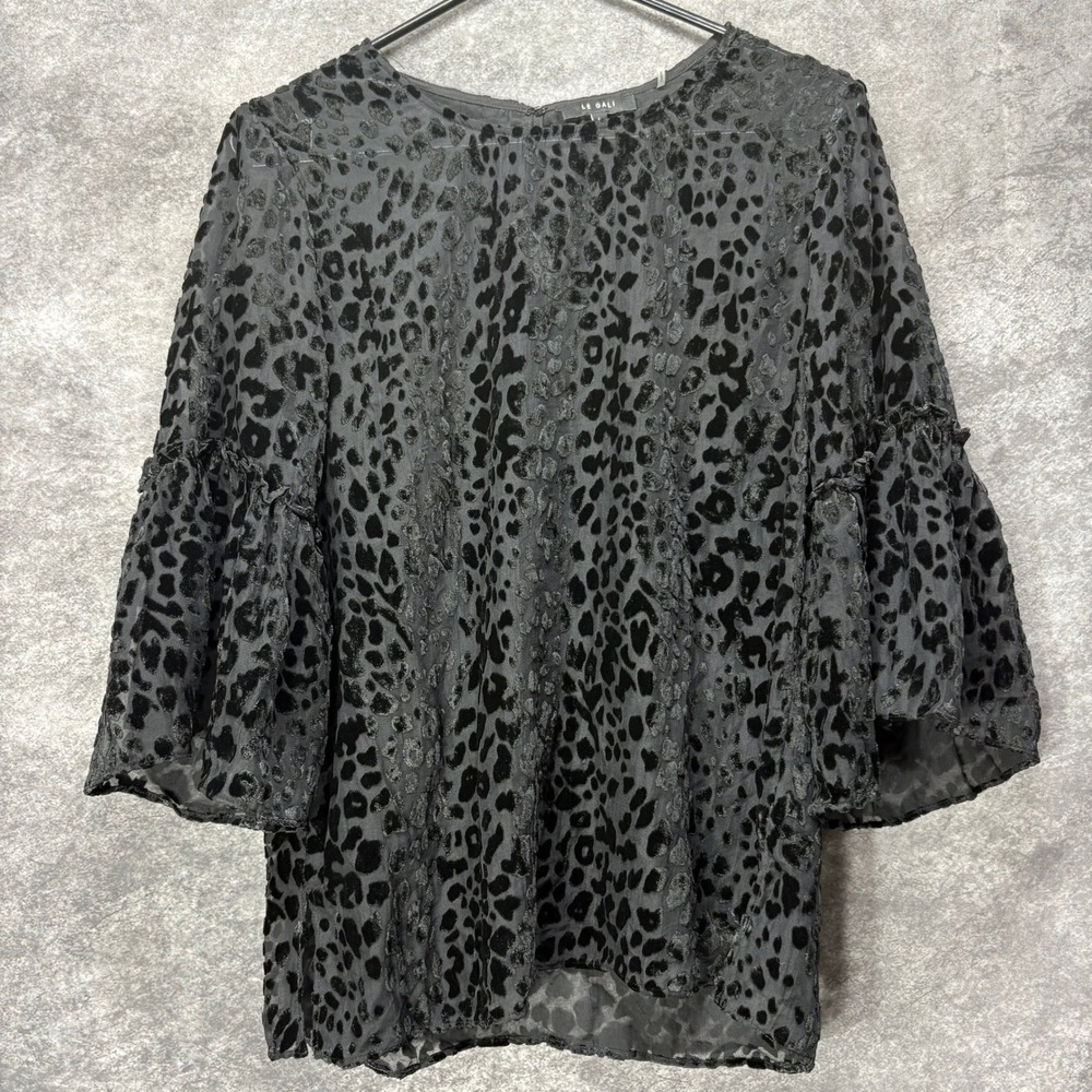 LE GALI Black Leopard Velvet Burnout Bell Sleeve Top Women Size M